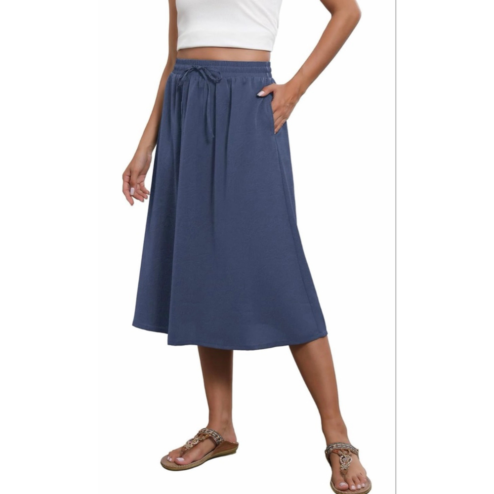 NEW Blue Flowy Elastic High Waist Pockets Midi Skirt L